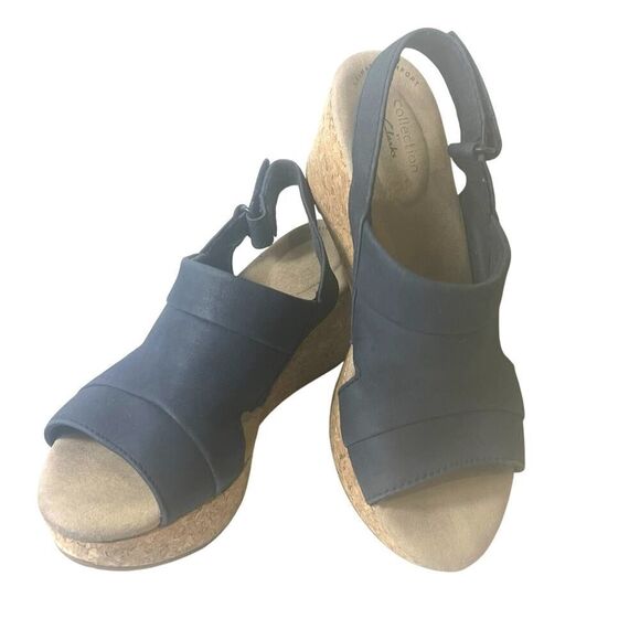 Clarks Collection Sandals Blue Nubuck Sling Back Open Toe Wedge Women's Sz 7.5 W - Picture 3 of 11